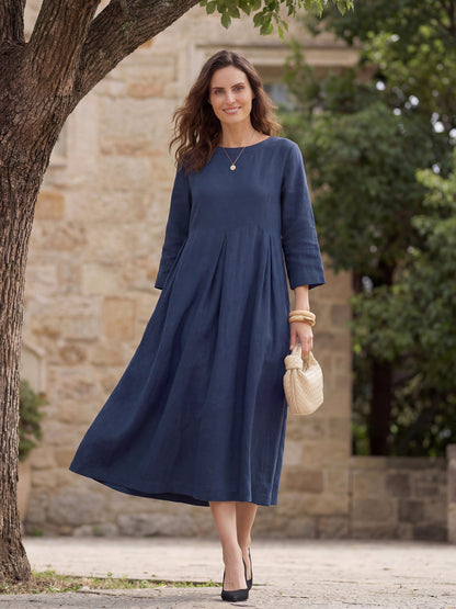 100% Linen Bateau Neck Pleated Midi Dress ABIGAIL