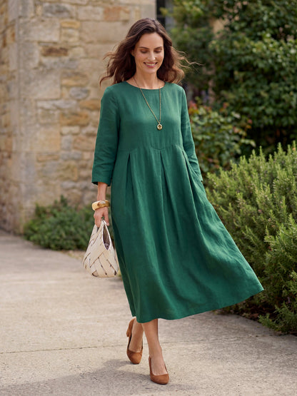 100% Linen Bateau Neck Pleated Midi Dress