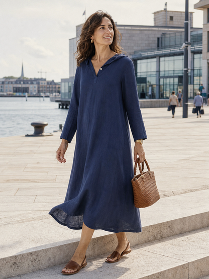 100% Linen Hooded Pullover Midi Dress REBECCA