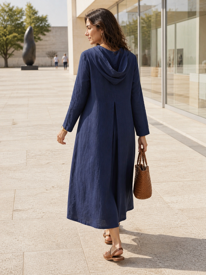 100% Linen Hooded Pullover Midi Dress REBECCA