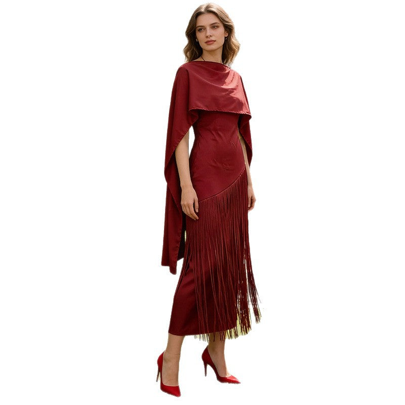 Spring Elegant Retro Faux Two Piece Long Skirt Shawl Design Tassel Dress Swing Dress Women
