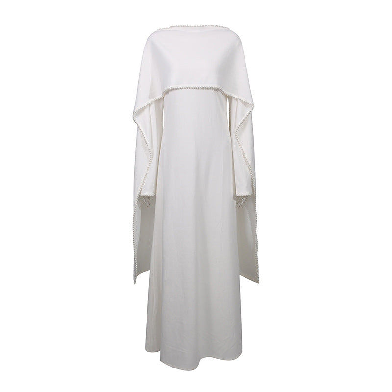 Elegant Solid Color Retro Heavy Industry Beautiful Pearl Shawl High Waist Dress Women