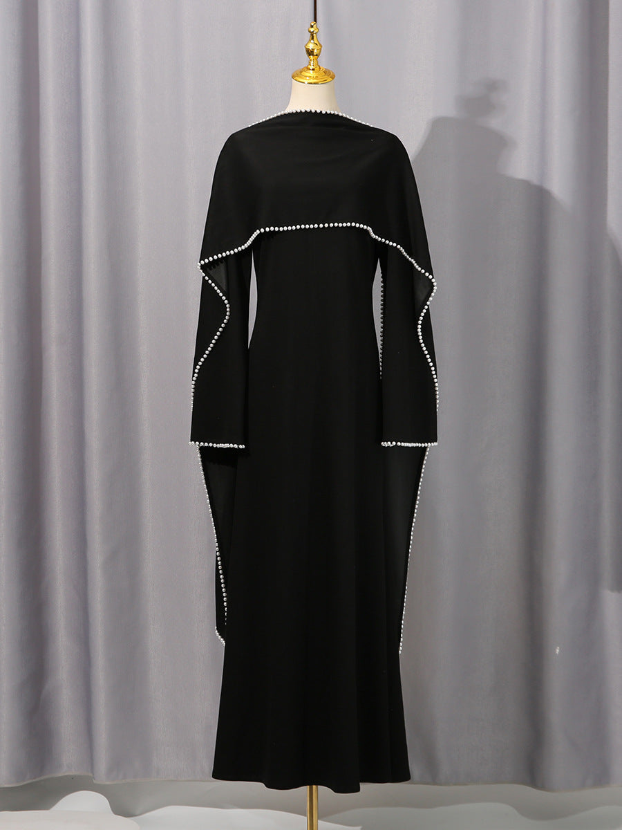 Elegant Solid Color Retro Heavy Industry Beautiful Pearl Shawl High Waist Dress Women