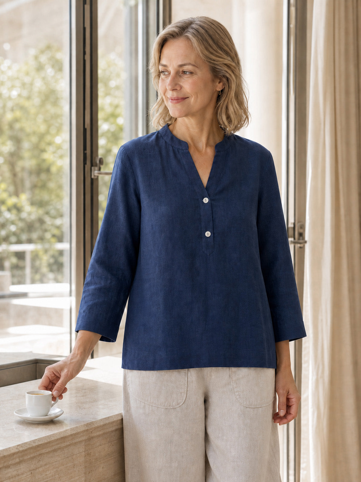 100% Linen Deep V-Neck Pullover with Button-Trim JOLYNE