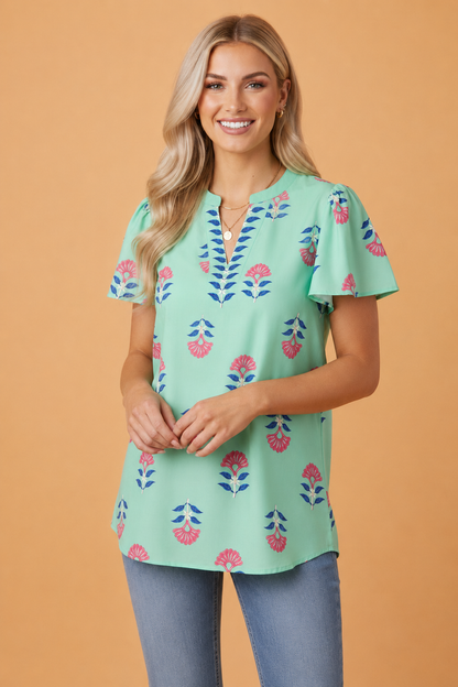 Floral Flutter Short Sleeve V-Neck Blouse