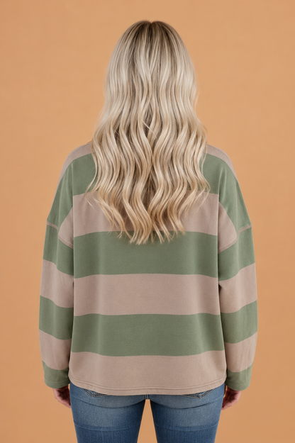 Stripe Colorblock Half Zip Collar Long Sleeve Top