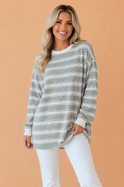 Stripe Contrast Trim Long Sleeve Tunic Top