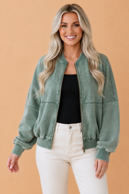 Mineral Wash Zip Up Bomber Jacket Sweatshirt