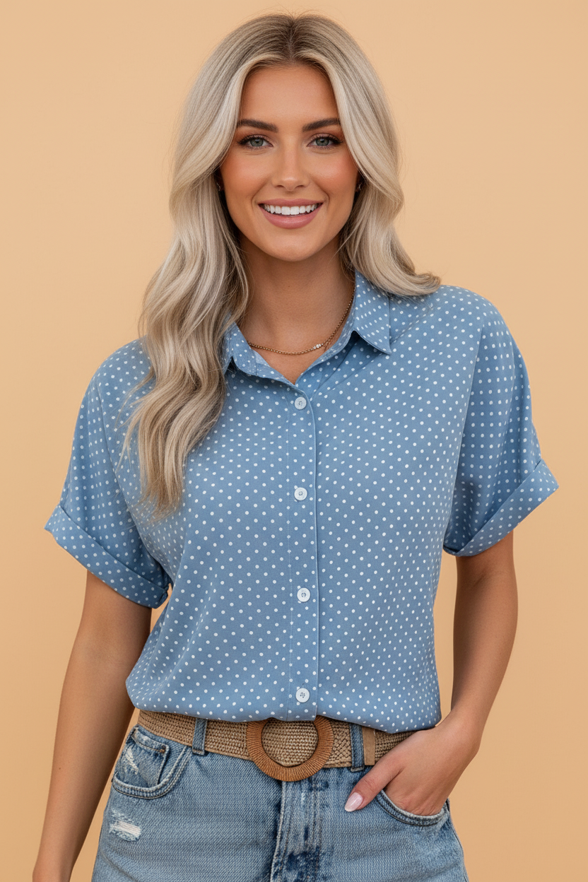 Polka Dot Cuffed Short Sleeve Buttoned Shirt