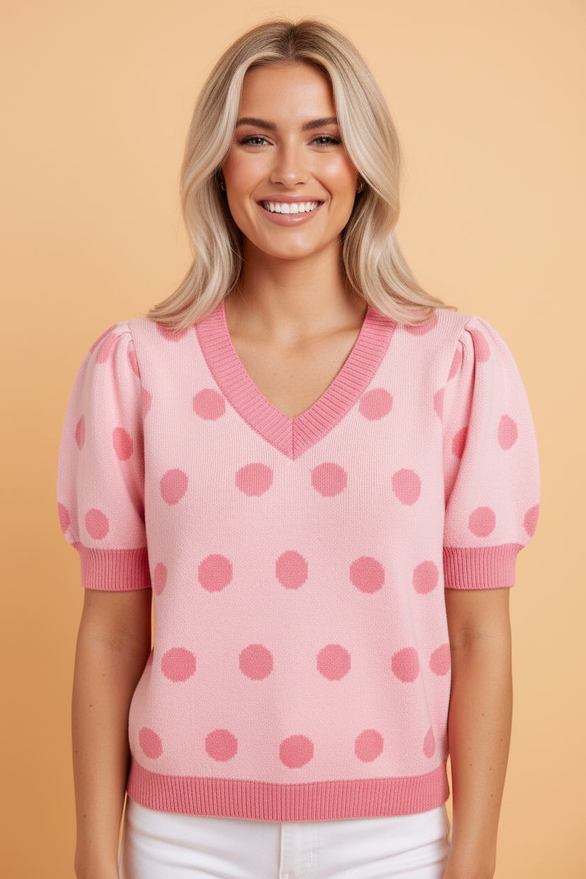 Polka Dot Puff Short Sleeve V-Neck Sweater