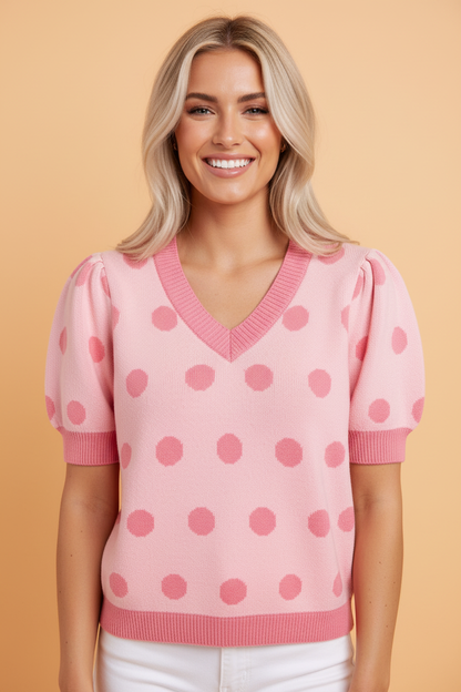 Polka Dot Puff Short Sleeve V-Neck Sweater