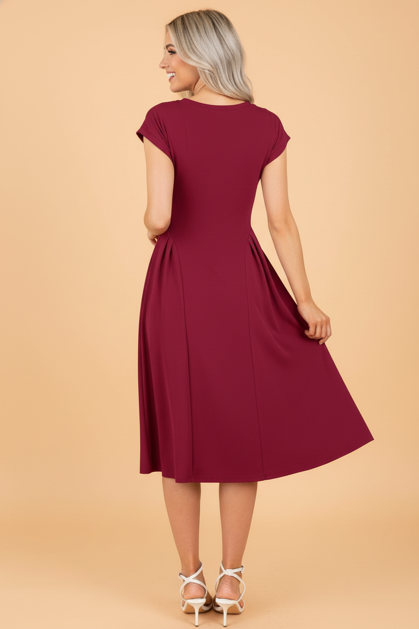 Solid V-Neck Pleated Flared Midi Dress