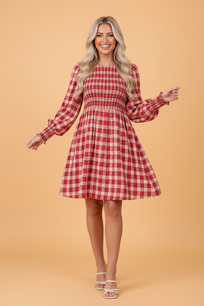 Gingham Plaid Smocked Puff Sleeve Mini Dress