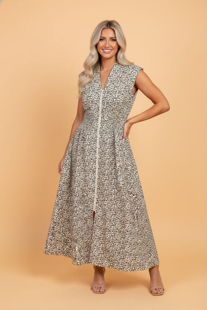 Leopard Zip Up V-Neck Cinched Waist Maxi Dress