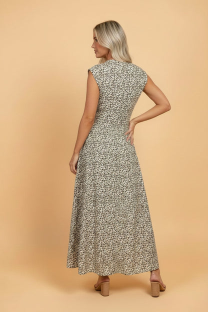 Leopard Zip Up V-Neck Cinched Waist Maxi Dress