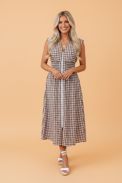 Gingham Plaid Zipped Cinched Waist Maxi Dress
