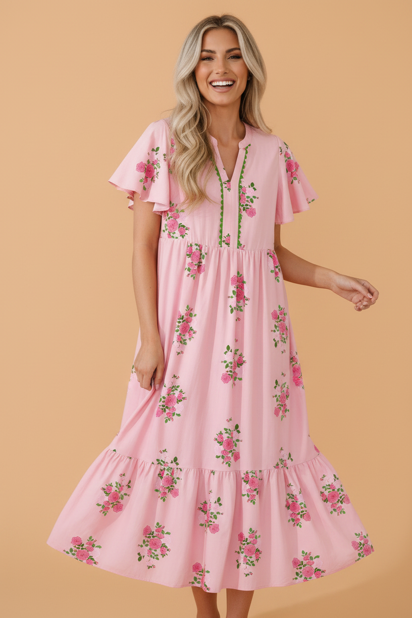 Floral Notched Neck Flutter Sleeve Maxi Dress