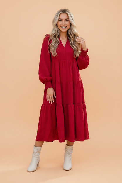 Solid Ruffle Trim Long Sleeve Tiered Midi Dress