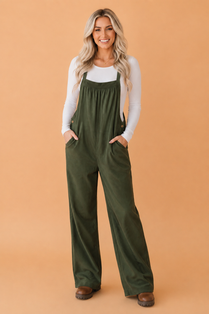 Solid Corduroy Buttoned Adjustable Straps Jumpsuit