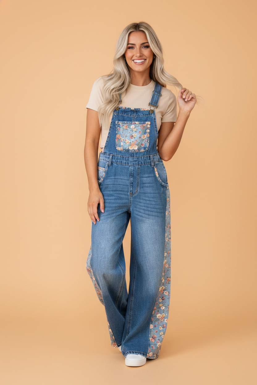 Floral Patchwork Bib Wide Leg Denim Overalls