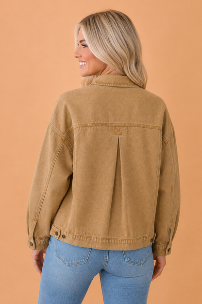 Solid Denim Long Sleeve Buttoned Collar Jacket
