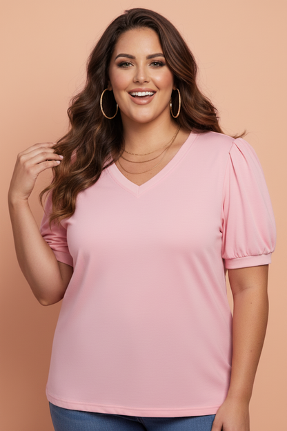 Plus Size Solid V-Neck Pleated Puff Sleeve Blouse