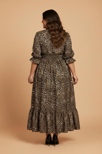 Plus Size Leopard Smocked Waist Maxi Dress