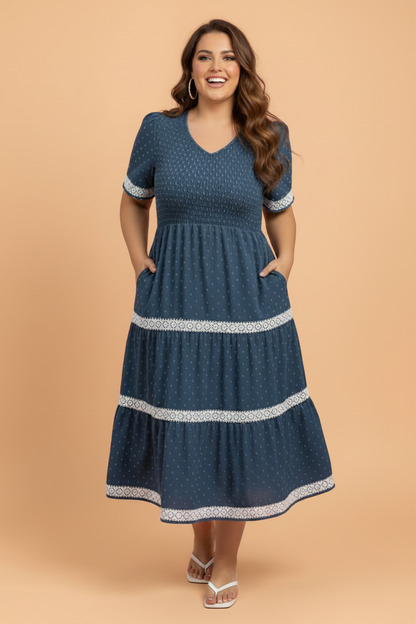 Plus Size Swiss Dot Lace Trim Flared Midi Dress