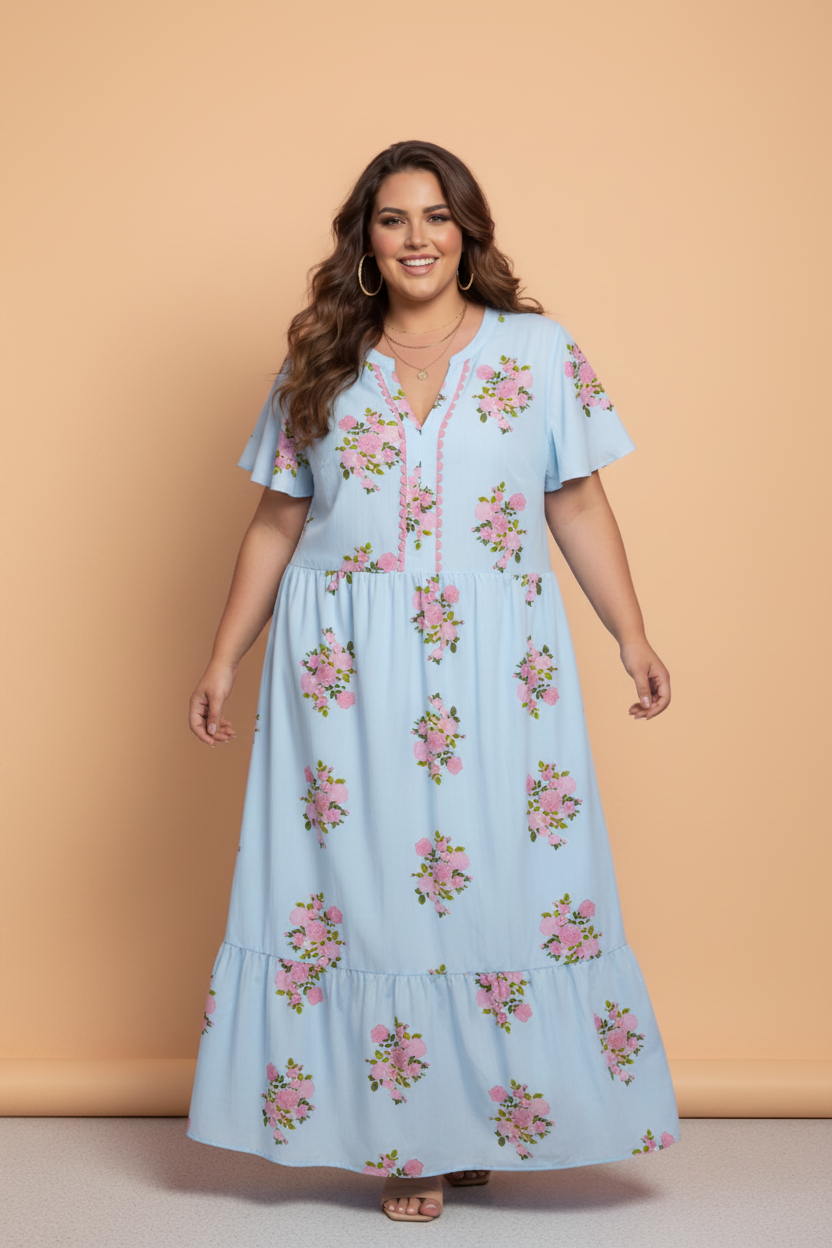 Plus Size Floral Scalloped Trim V-Neck Maxi Dress