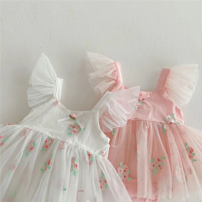 Fly Sleeve Floral Tulle Dress