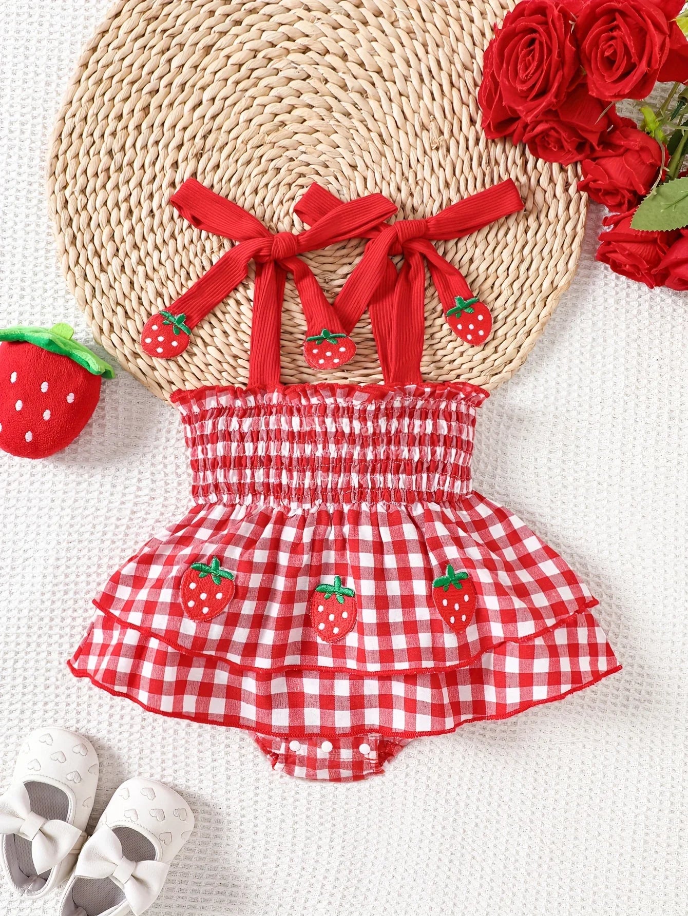 Strawberry Plaid  Layered Romper