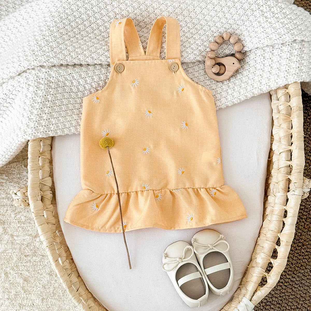 Yellow Floral Embroidery Suspender Dress
