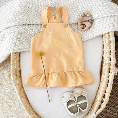 Yellow Floral Embroidery Suspender Dress