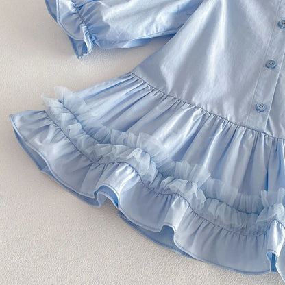 Embroidered Ribbon Collar Frill Dress