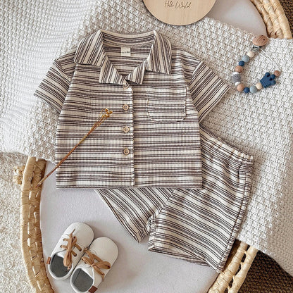 Brown Striped Shirt Shorts Set
