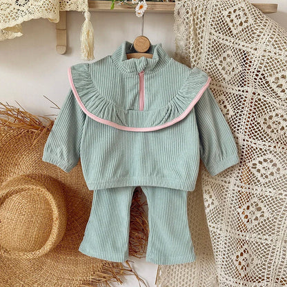 Corduroy Color block Pants Set
