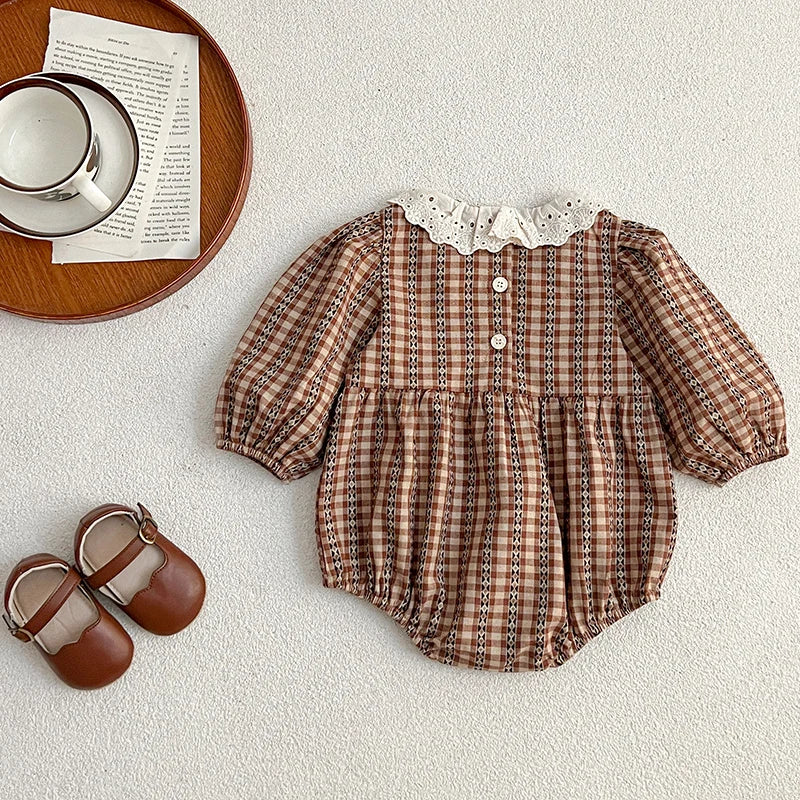 Lace Collar Checkered Romper