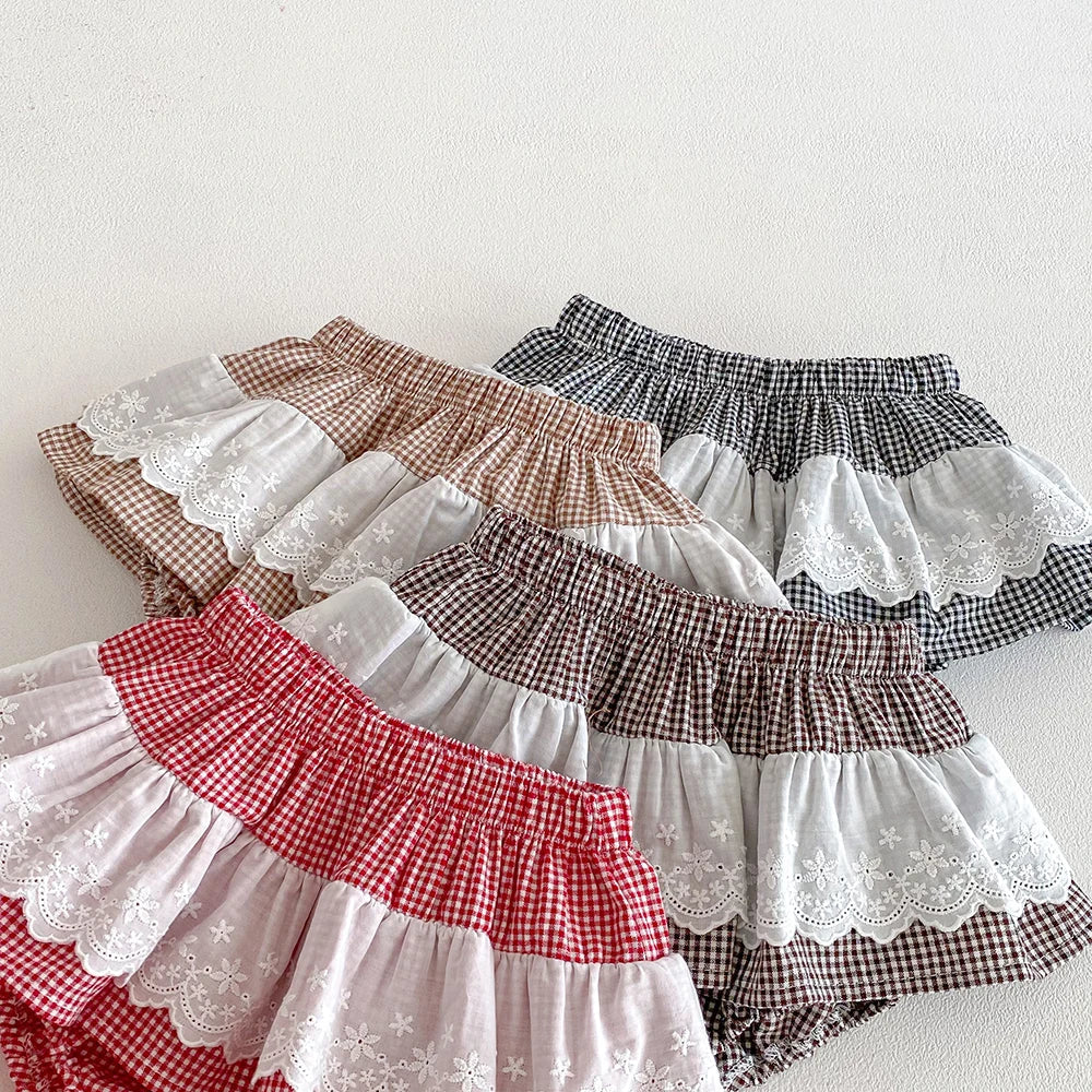 Plaid Ruffles Lace Skirt