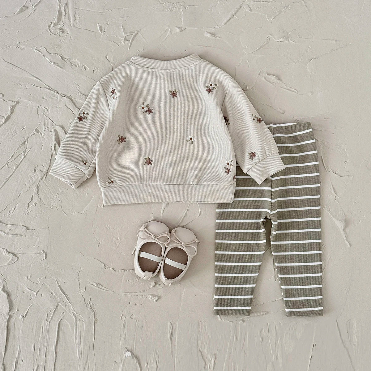 Floral Embroidered Top Striped Pant Set