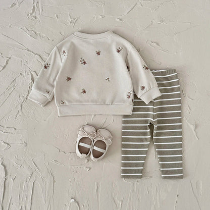 Floral Embroidered Top Striped Pant Set