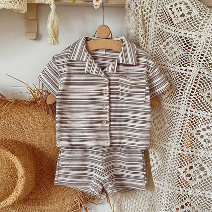 Brown Striped Shirt Shorts Set