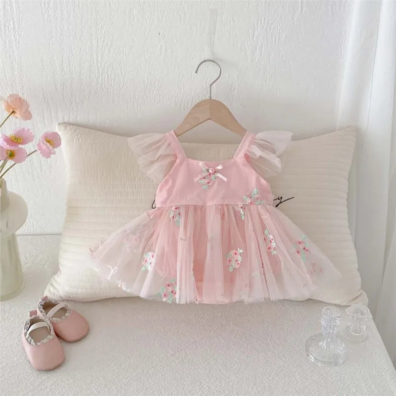 Fly Sleeve Floral Tulle Dress