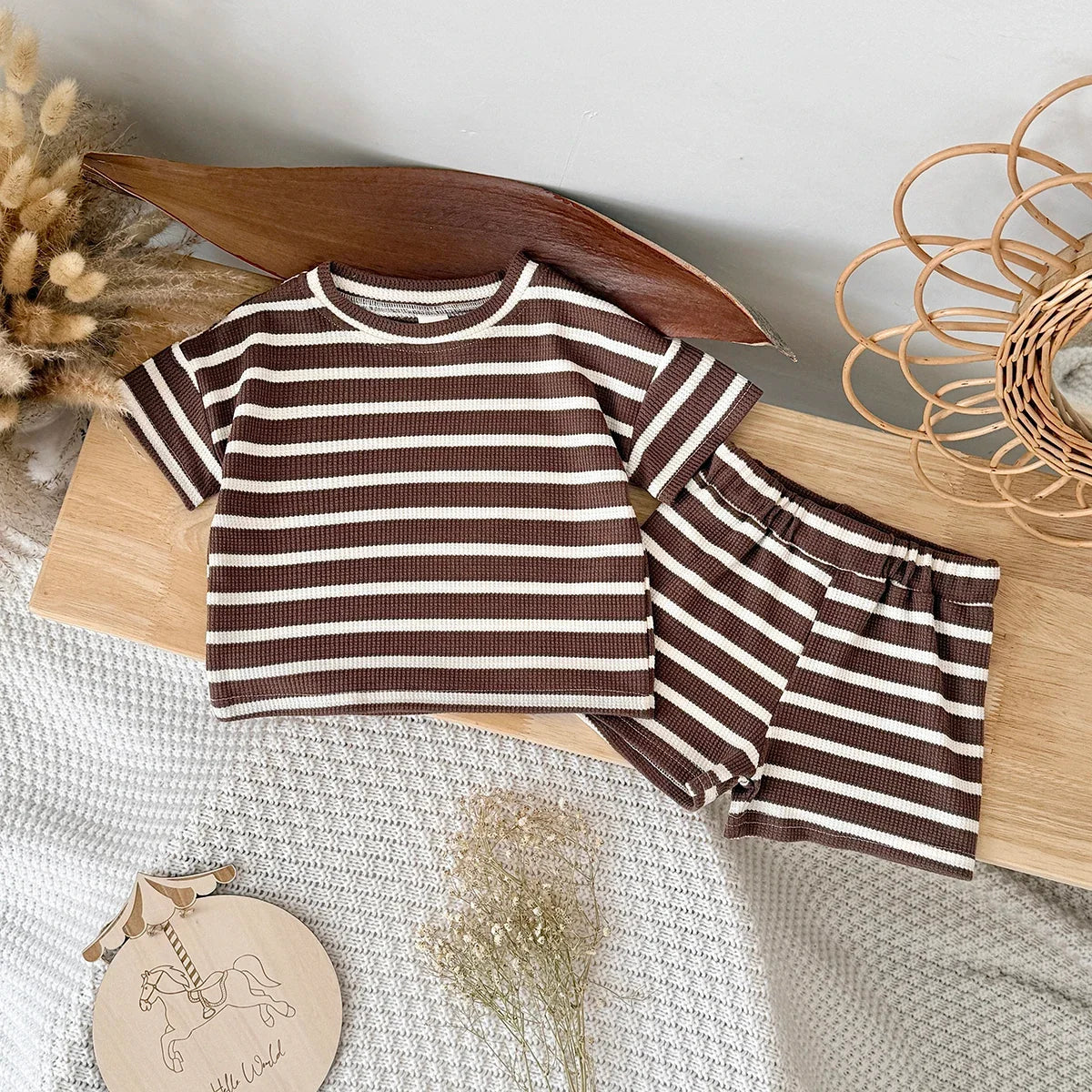 Brown Striped Waffle Shorts Set