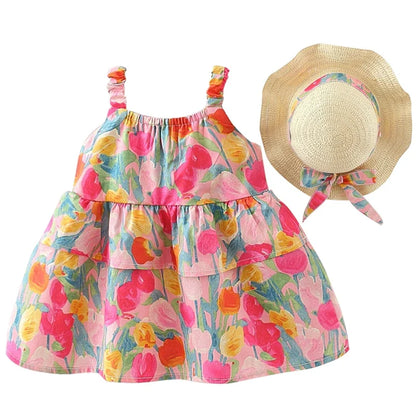 Layered Cotton Floral Dress w Hat