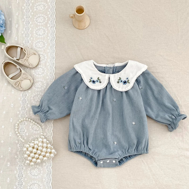 Blue Floral Embroidered Collar Romper