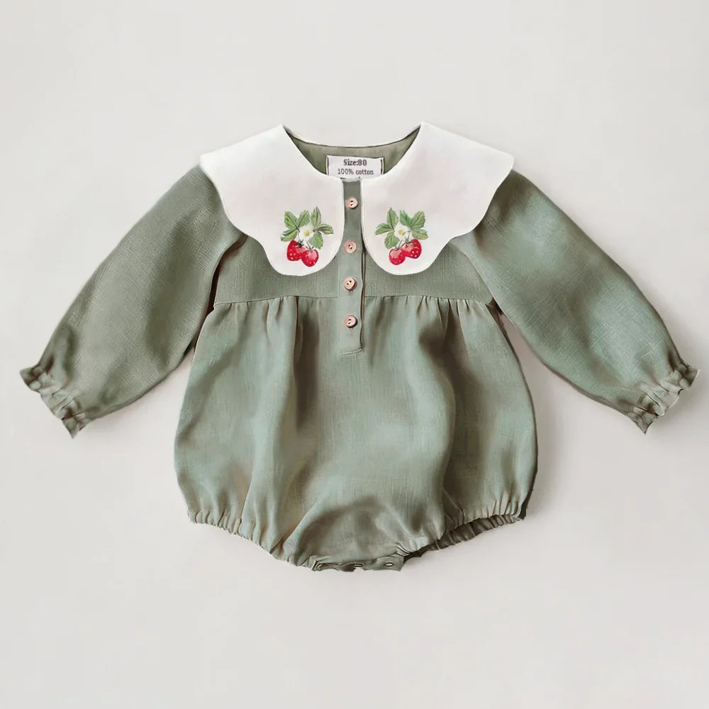 Embroidered Flap Cotton Long Sleeve Romper