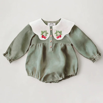 Embroidered Flap Cotton Long Sleeve Romper