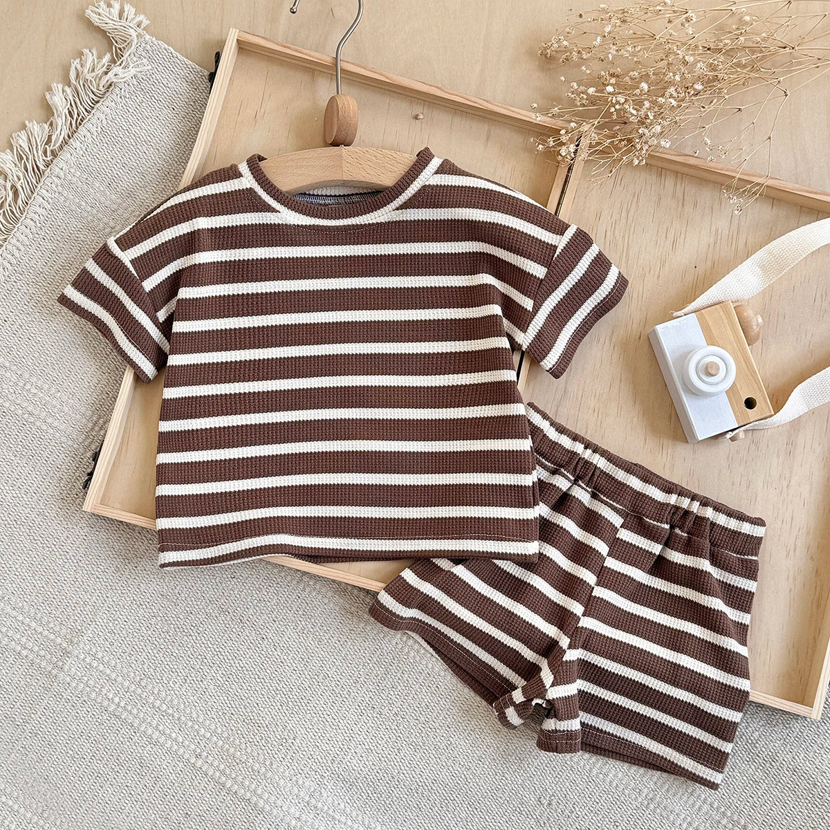 Brown Striped Waffle Shorts Set