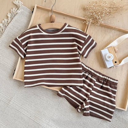 Brown Striped Waffle Shorts Set