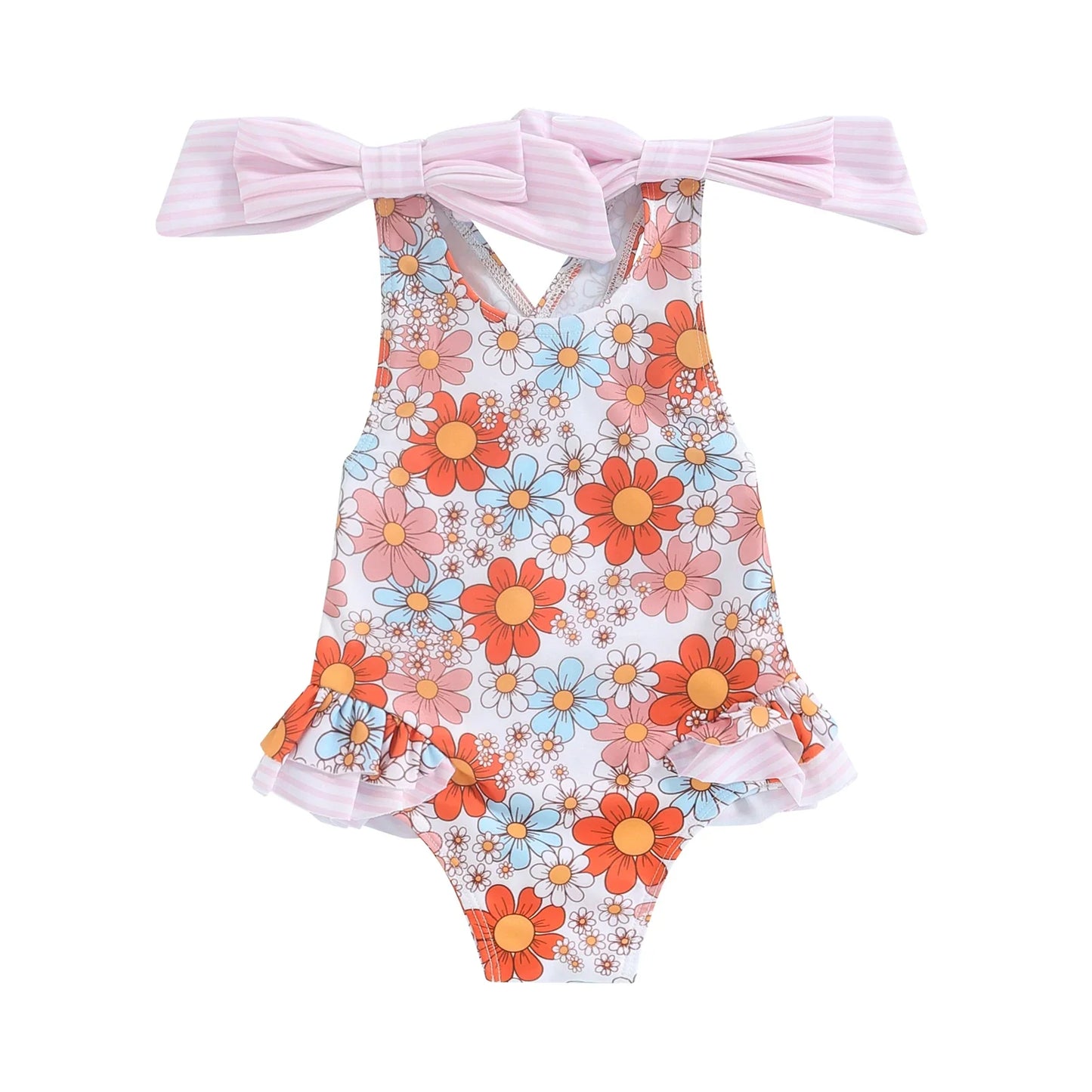 Bowknot Frill Floral Swimsuit